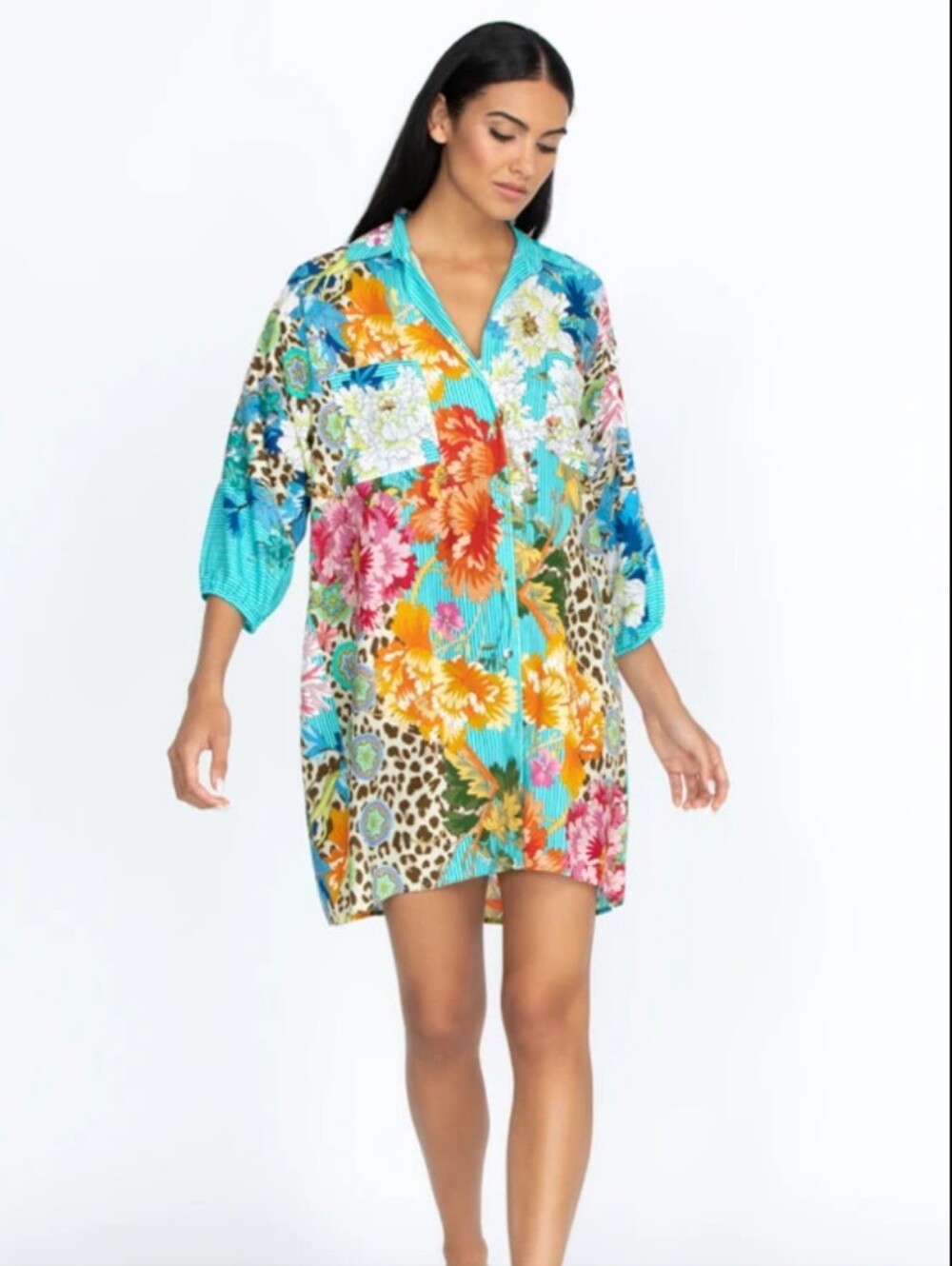 Johnny Was Blue Floral Shirt Dress Leopard Collar Buttons Pockets Size Medium